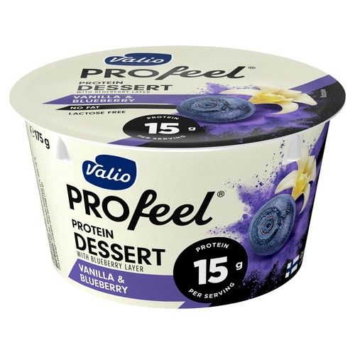VALIO Profeel quark queso con proteínas fresco bicapa, sabor vainilla con sirope de arándanos 175 g.