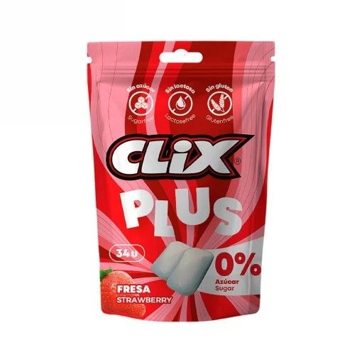 Chicles sabor fresa Clix Plus sin gluten, sin lactosa y sin azúcar 45 g.