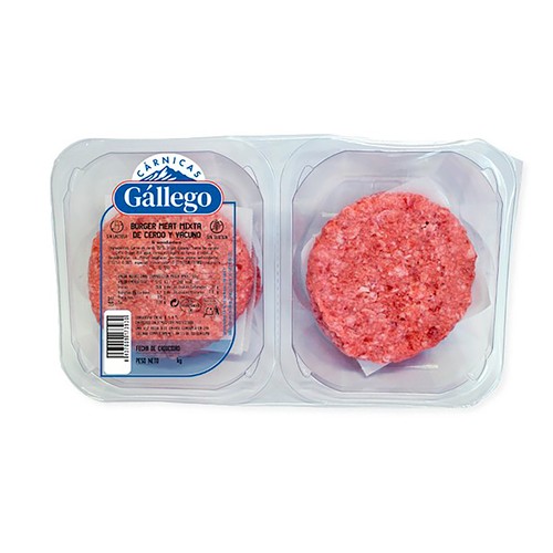 CÁRNICAS GALLEGO Bandeja con burger meat mixta (cerdo - vacuno), elaboradas sin gluten y sin lactosa 6 x 85 g.