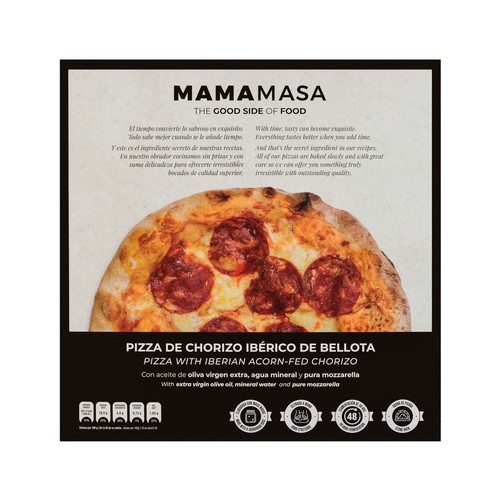 Pizza congelada de chorizo ibérico de bellota elaborado con presa ibérica MAMAMASA 520 g.