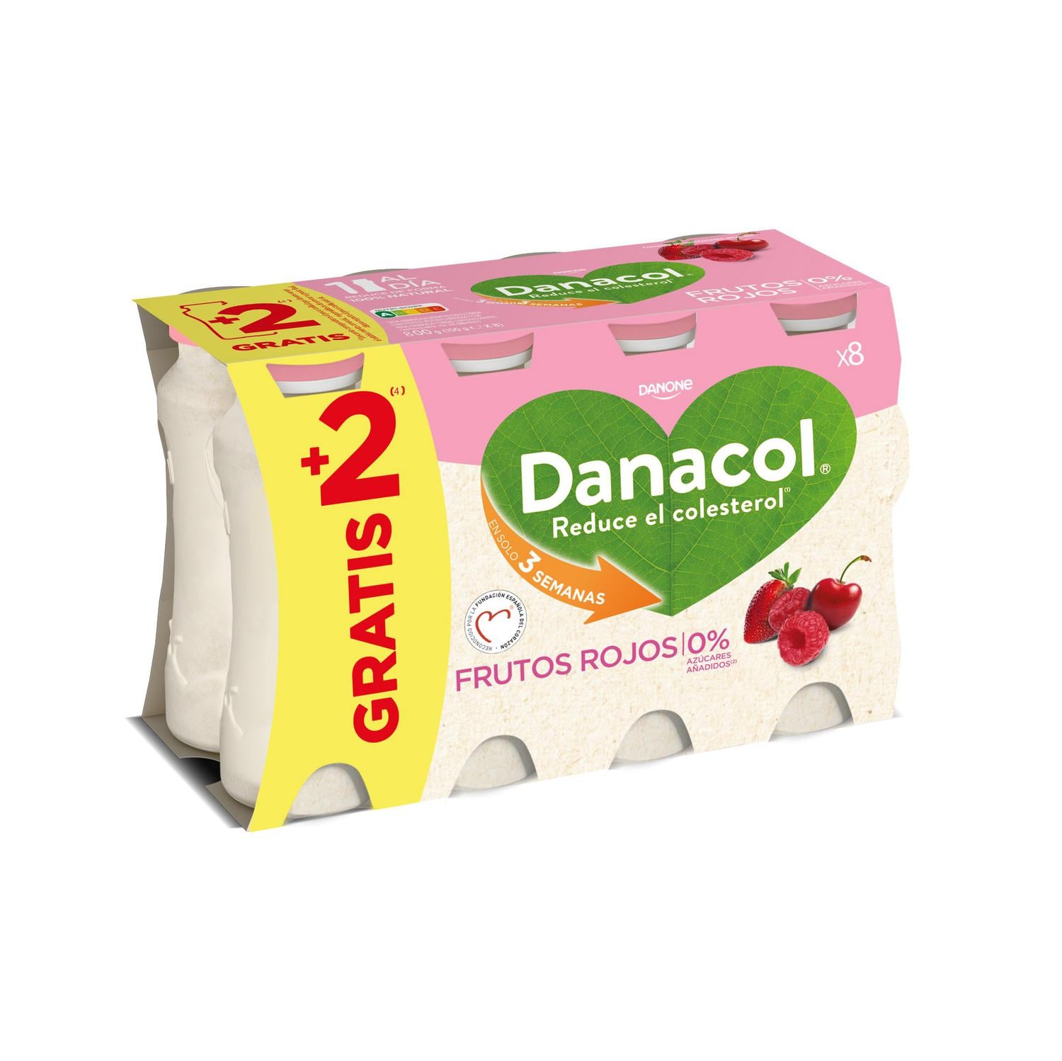Leche fermentada liquida frutos rojos sin azúcar añadido Danone Danacol pack de 6 unidades de 100 g.