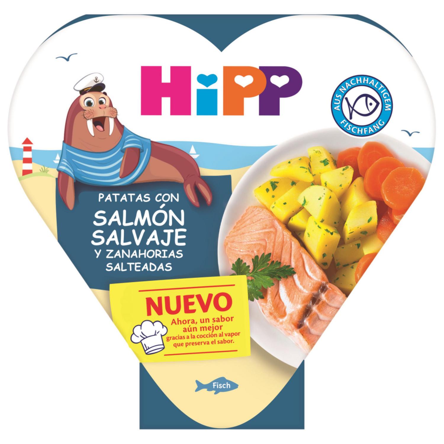 Patatas con salmón salvaje y zanahorias salteadas ecológica Hipp Biológico sin gluten 250 g.