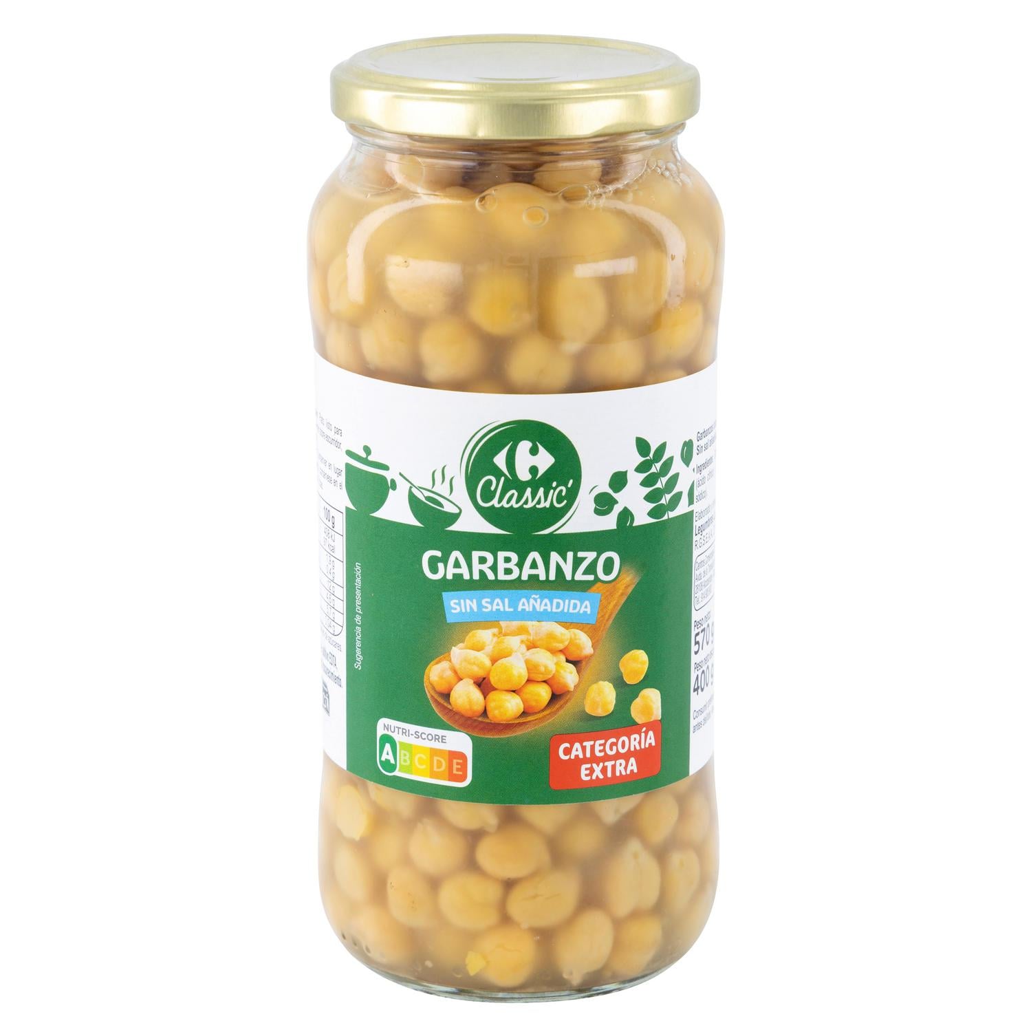 Garbanzos cocidos sin sal añadida categoría extra Classic Carrefour 400 g.